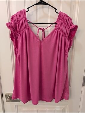Feminine Pink V-Neck Ruched Sleeve Blouse